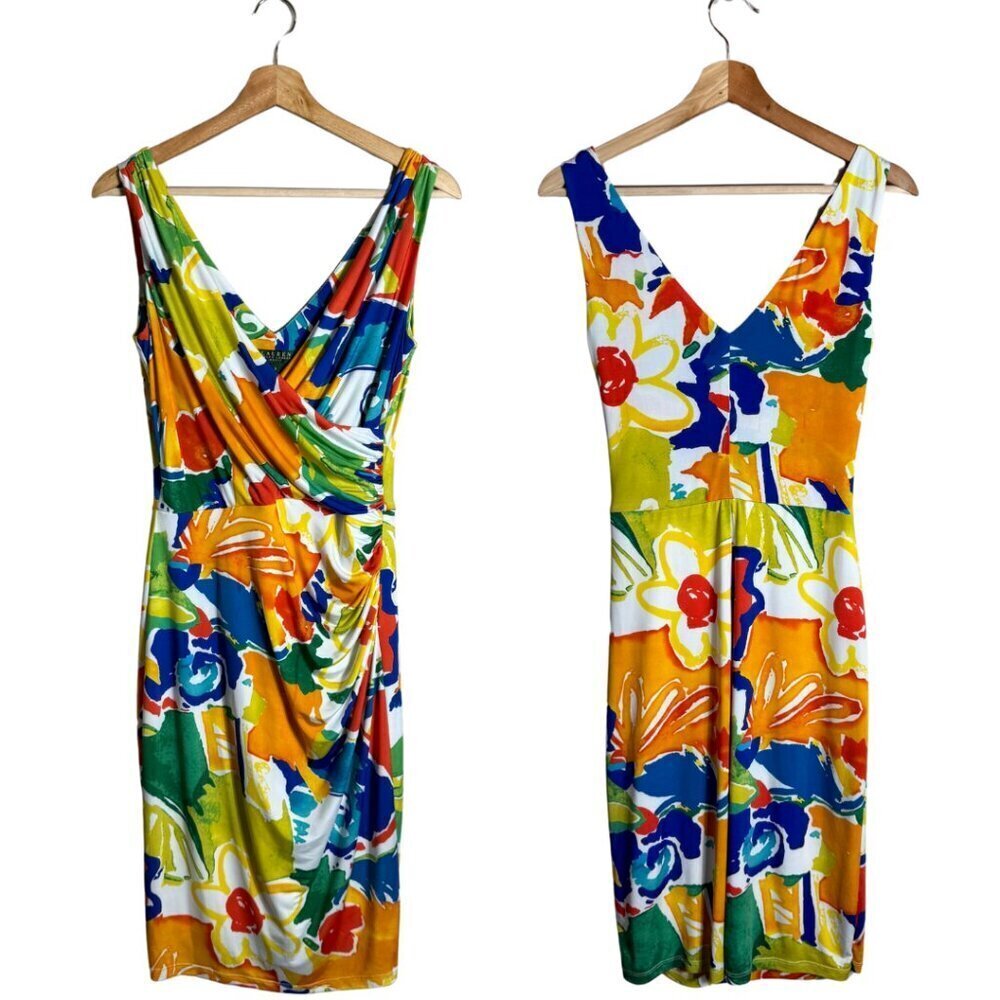 Lauren Ralph Lauren Ruched Floral Faux Wrap Mini Dress Womens 2 Artsy Watercolor